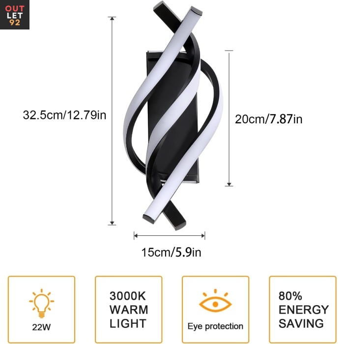 LED-seinavalgusti, spiraaldesign, 22W, must