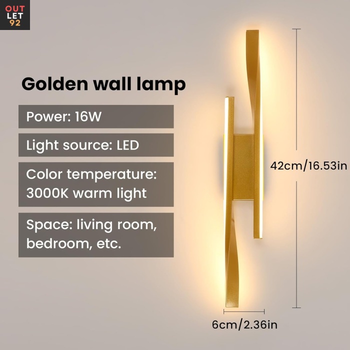 LED-seinalamp, 16W, 1800LM, Kuldne, 42x9.5x6 cm
