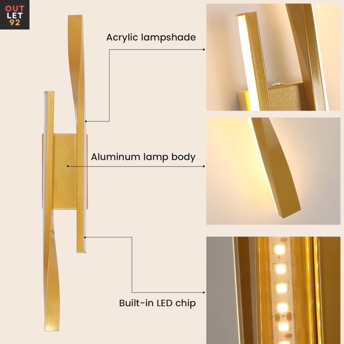 LED-seinalamp, 16W, 1800LM, Kuldne, 42x9.5x6 cm