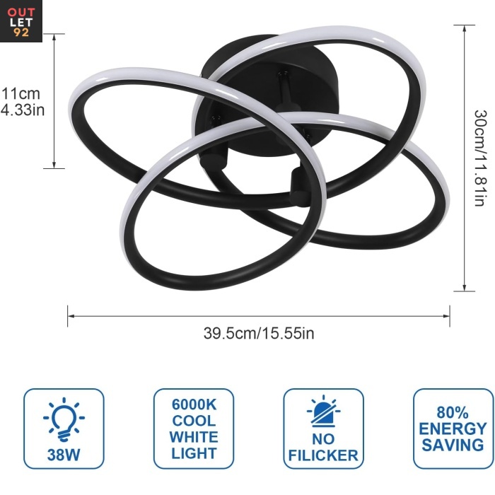 LED-laelamp, 38W, 4500lm, Akrüül, Must