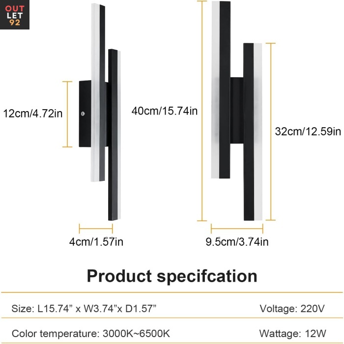 LED-seinavalgusti, 3 värvi temperatuuri, 40x9,5x4 cm, Must