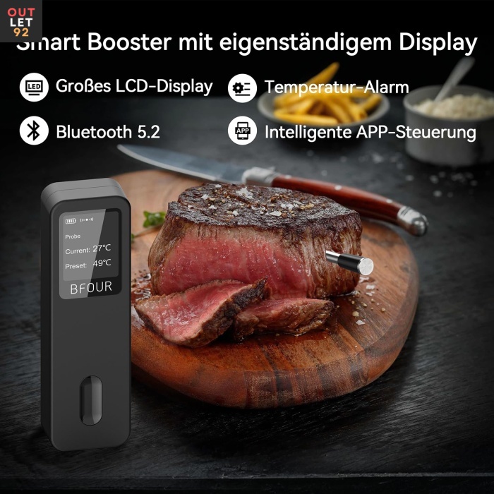 Liha termomeeter, Bluetooth, Veekindel, Suure ekraaniga, Must