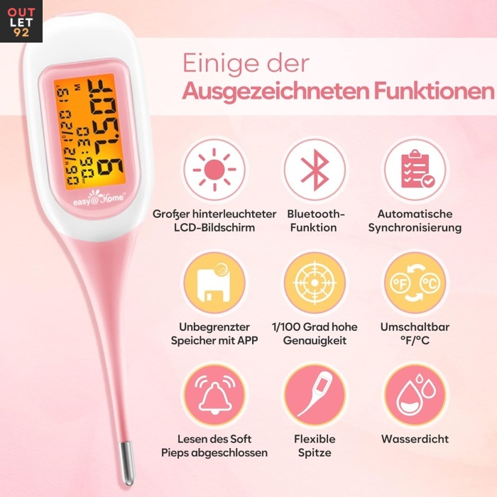 Basaaltermomeeter Bluetoothiga, automaatne BBT-sünkroonimine, roosa