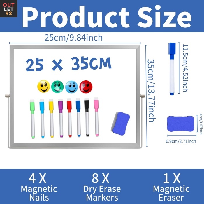 Magnetiline Valge Tahvel, Alumiiniumraamiga, Kahepoolne, 35x25 cm, Valge