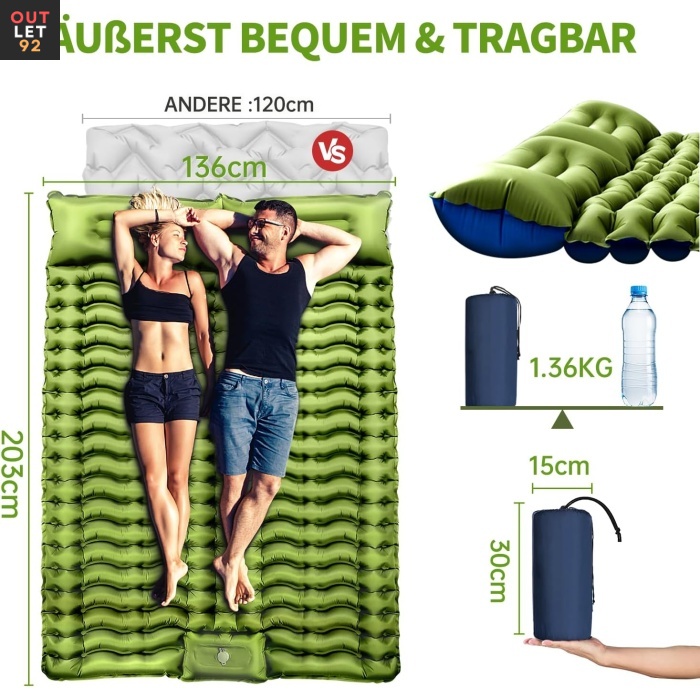Kaheinimese täispuhutav matkamadrats jalaopumbaga, roheline