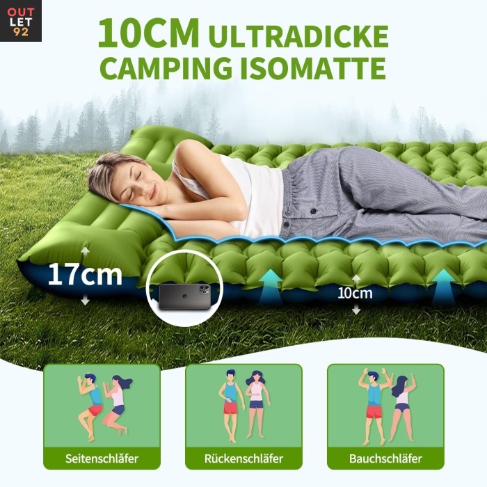 Kaheinimese täispuhutav matkamadrats jalaopumbaga, roheline