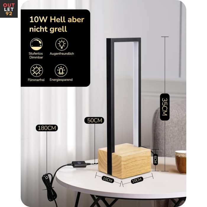 LED-töölaua lamp, puudutusega dimmerdatav, mälu funktsioon, must-puit