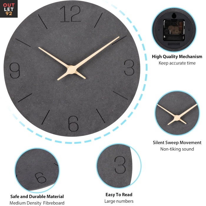 Vaikne seinakell, kvartsmehhanism, 30 cm, must