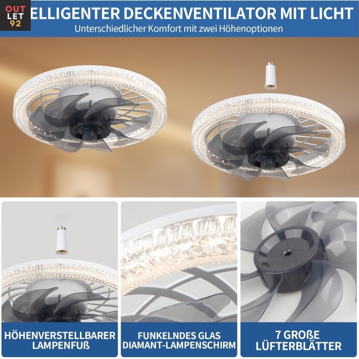 Laeventilaator lambiga, 3 värvitemperatuuri, 4 kiirust, valge