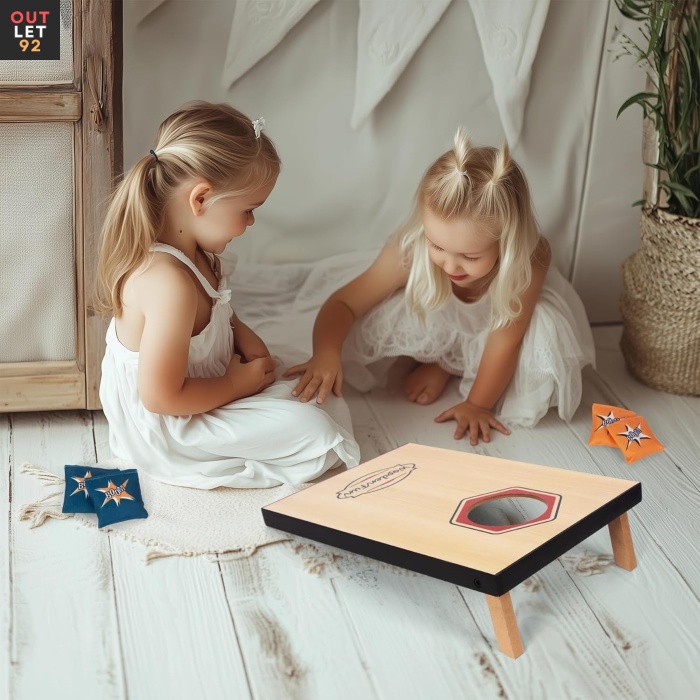 Cornhole viskemängu komplekt, klapitavad jalad, 8 värvilist liivakotti