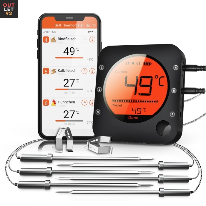 Bluetooth lihatermomeeter, 6 sondiga, LCD-ekraan