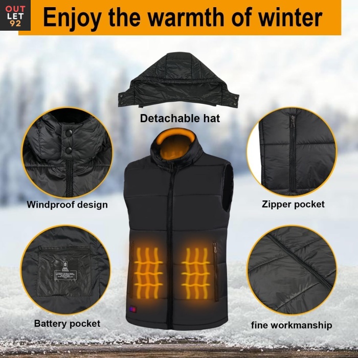 Soojendusega vest, 3 reguleeritava temperatuuriga, veekindel, must