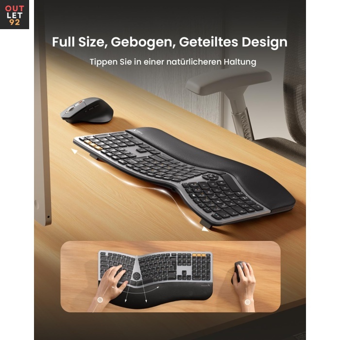 Ergonoomiline klaviatuur ja hiirekomplekt, täissuuruses, juhtmevaba, must