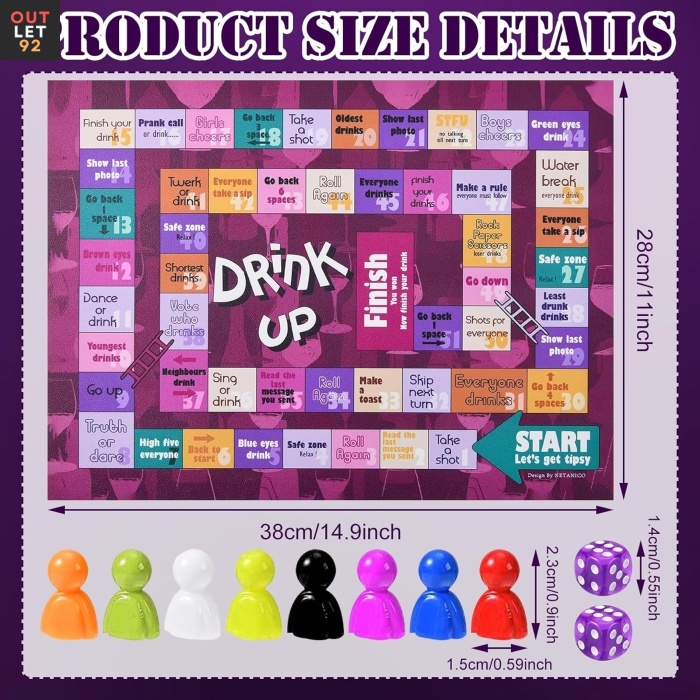 Lauamäng joogimänguks, 8 mängunuppu, 2 täringut, veekindel