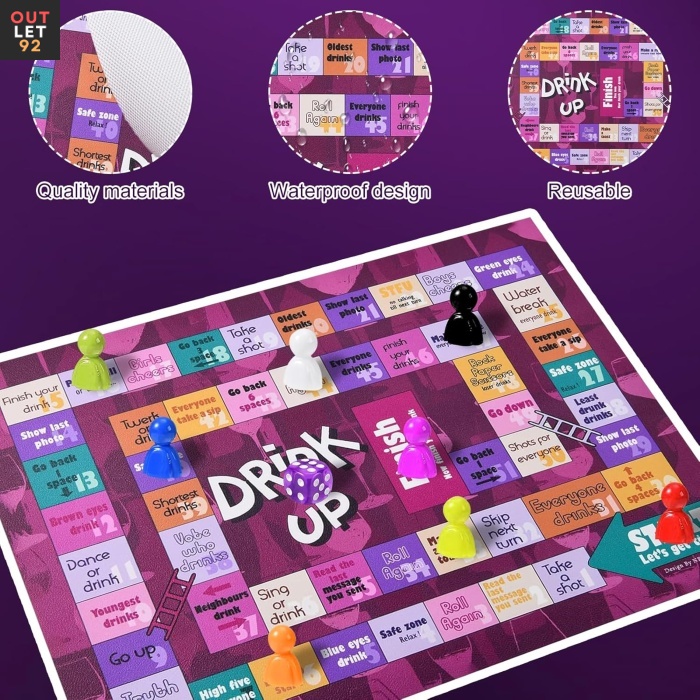 Lauamäng joogimänguks, 8 mängunuppu, 2 täringut, veekindel