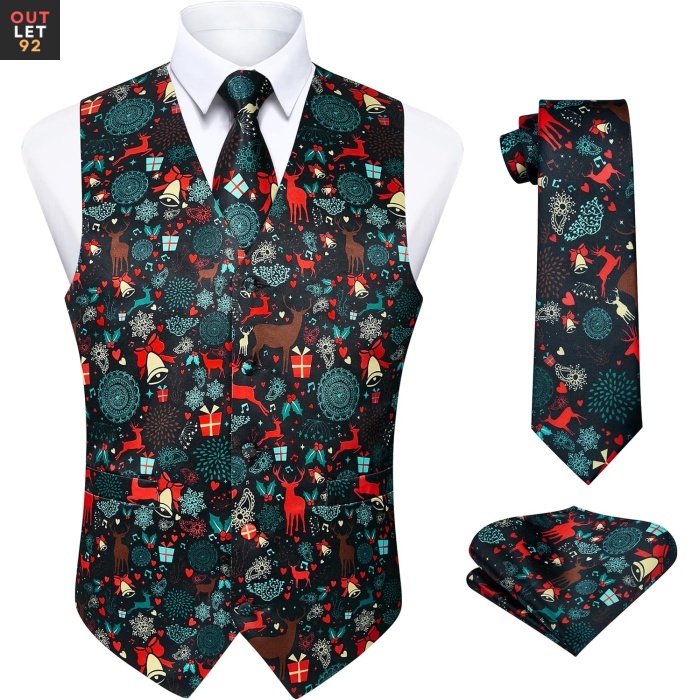 Jõuluvesti komplekt (vest, lips,rätik), V-kaelusega, must,