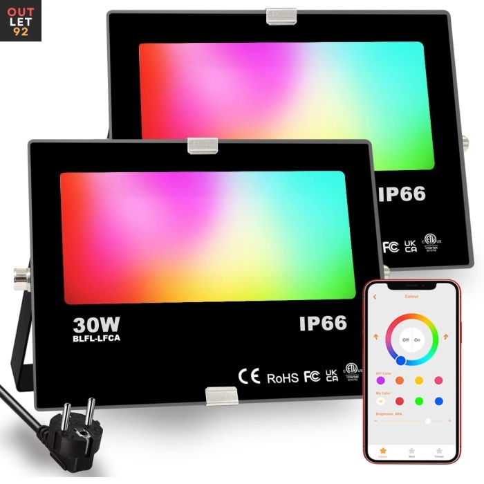 RGBW LED prožektor 30W, värvimuutev, 3000lm, IP66, 2tk