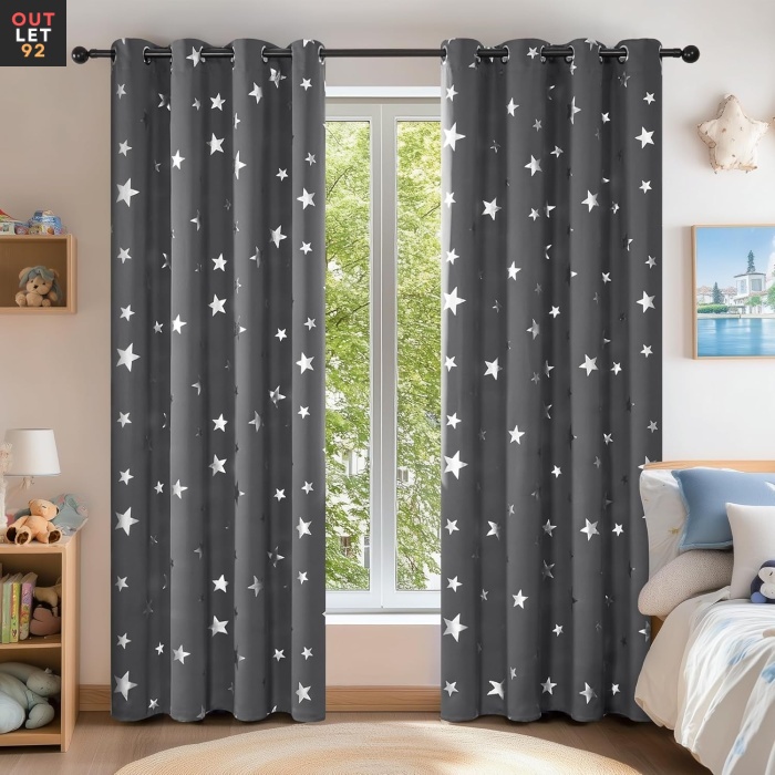 Pimendavad termokardinad 138x117 cm, rõngastega, tumehall tähtedega, 2tk