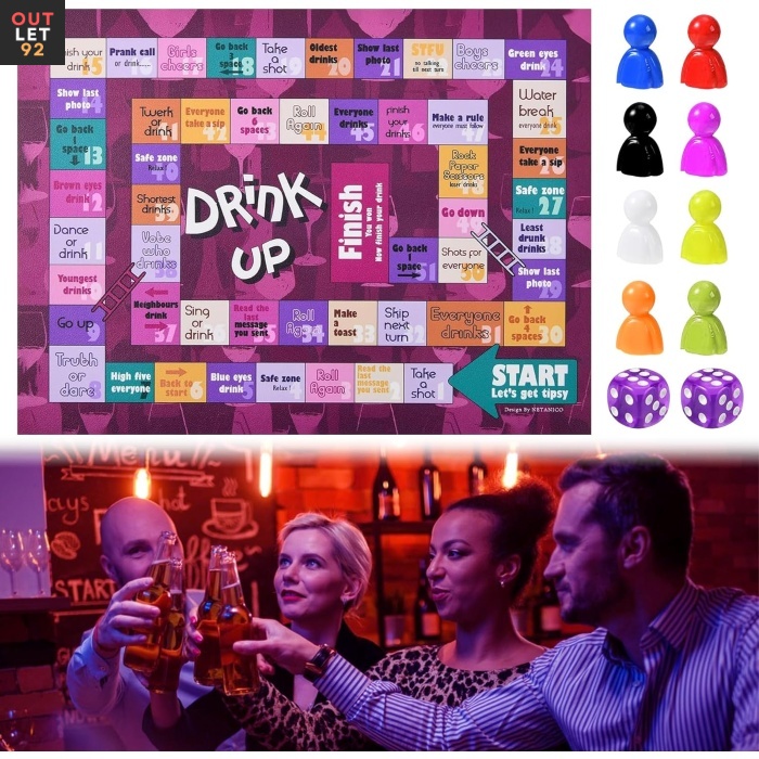 Lauamäng joogimänguks, 8 mängunuppu, 2 täringut, veekindel