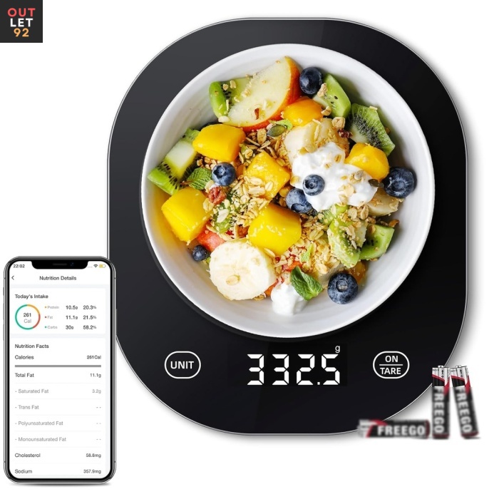 Digitaalne köögikaal Bluetoothiga, 10 kg / 0,5 g, toitumisanalüüsiga, LED-ekraan