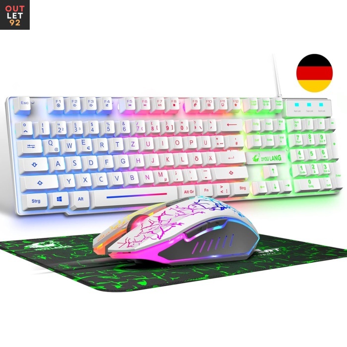 Valge juhtmega RGB gaming klaviatuur ja hiir, QWERTZ, 2400 DPI
