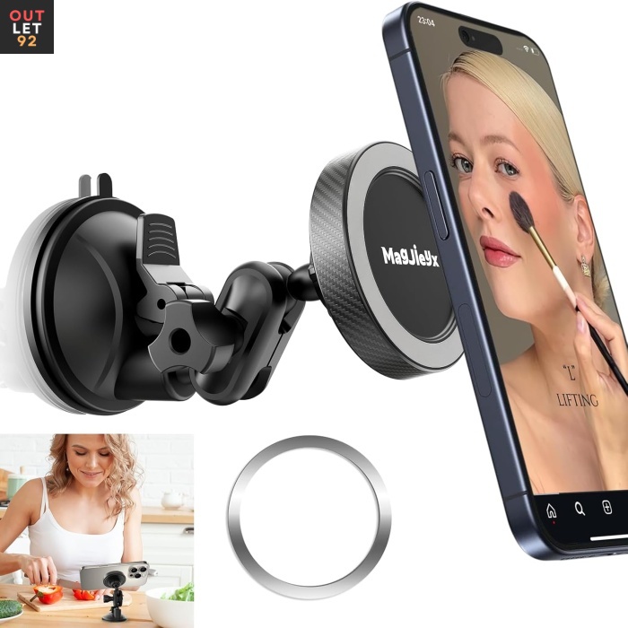 Magnetiline telefonihoidik, 360° pööratav, imikinnitusega peegel- ja klaaspindadele, must