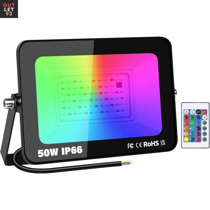 LED prožektor, RGB, 50W, 16 värvi, 4 valgusrežiimi, IP66 veekindel, puldiga