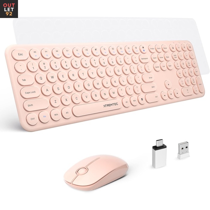 Juhtmevaba klaviatuuri ja hiire komplekt, ümar retrostiil, 2.4G USB QWERTZ