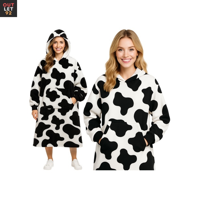 XXL ülisuur pusa kapuutsiga, pehme fliis, lehmamuster