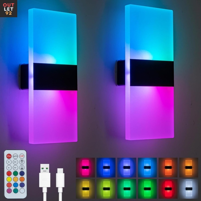 LED-seinalamp RGB valgusega, 12 värvi, USB-laetav, 2 tk komplektis