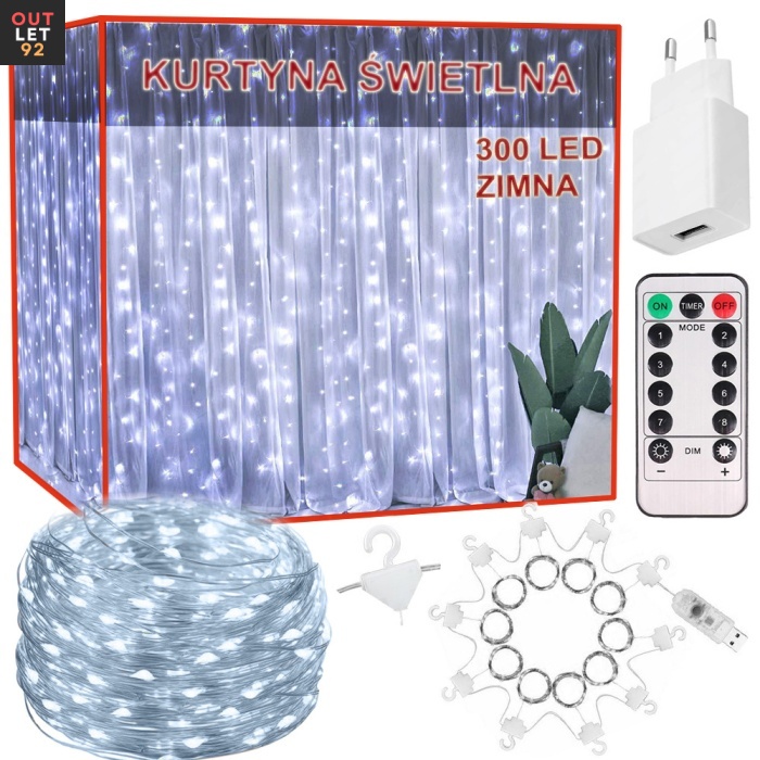 LED valguskardin riputuskonksudeg, külm toon, pult, 3x3m